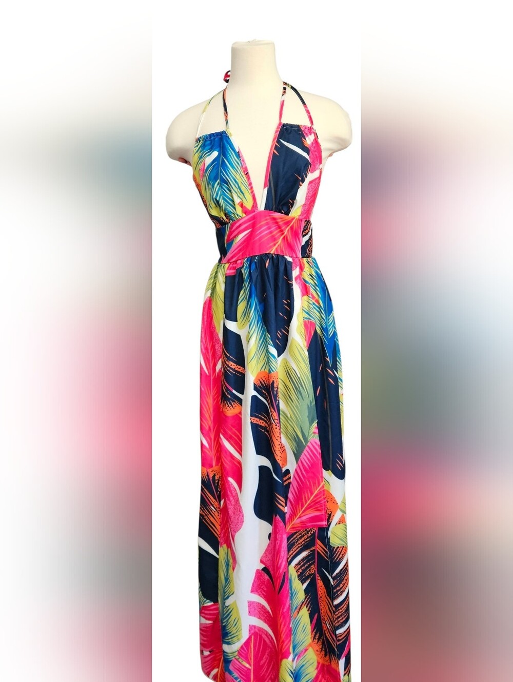 Shein Small Tropical Halter Maxi Dress in Neon Pink & Navy